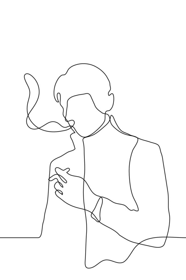 Vector drawing of a smoking man. A man in a coat with short hair exhales smoke and holds a cigarette. One continuous line drawing of a smoker