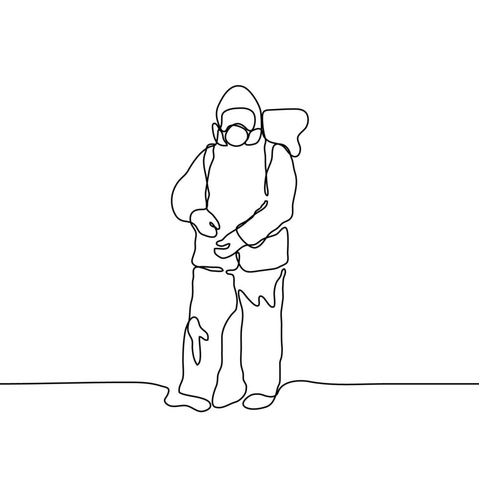 One continuous black drawing of a man in a protective suit with a mask and glasses holds in his hands a disinfector in working condition. Disinfection of space from bacteria, virus, coronavirus, dirt vector