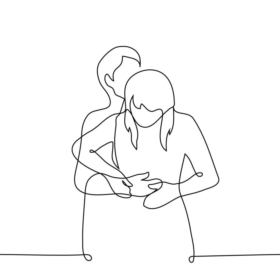 man hugs a woman from behind kissing her on the head, a woman takes his hands away - one line drawing vector. concept heterosexual couple hugging, sexual harassment, tactile and non-tactile person vector