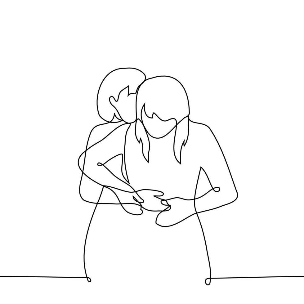woman hugs a woman from behind kissing her on the head, a woman takes her hands away - one line drawing vector. concept lesbian couple hugging, sexual harassment, tactile and non tactile person vector