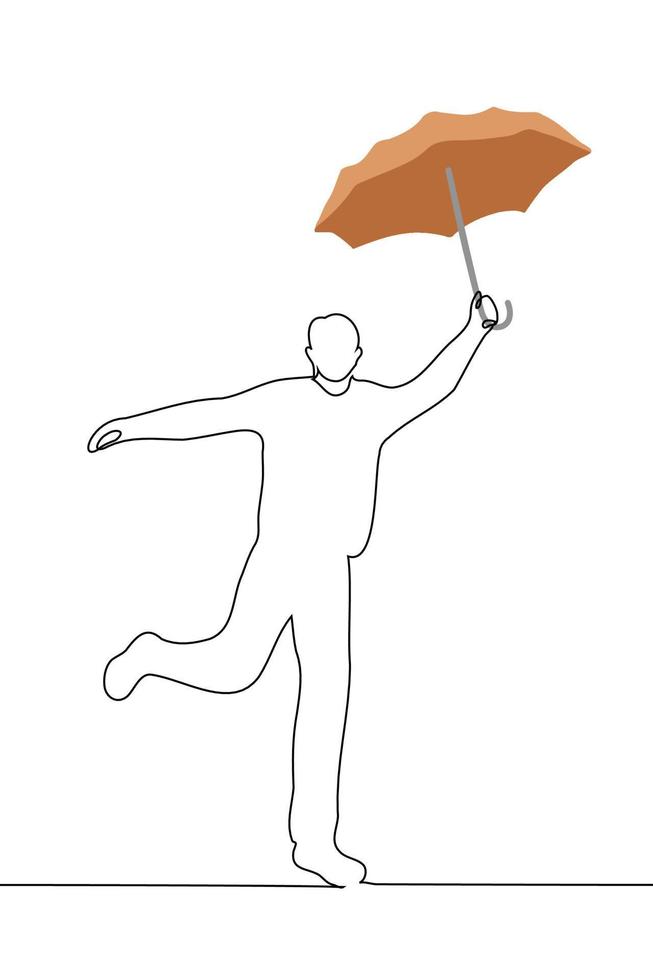 contento hombre saltando arriba con un paraguas en su mano - uno línea dibujo vector. concepto lluvia amante, el lluvioso temporada es terminado vector