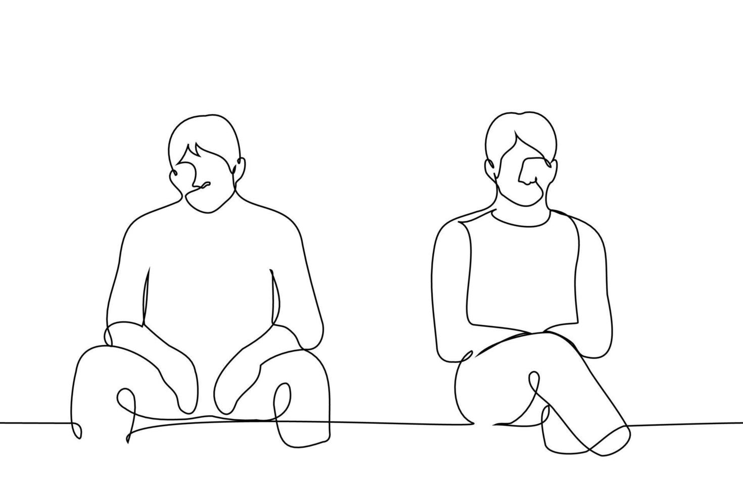 men sit side by side but separately - one line drawing vector. concept strangers on the bench, male friends quarreled vector