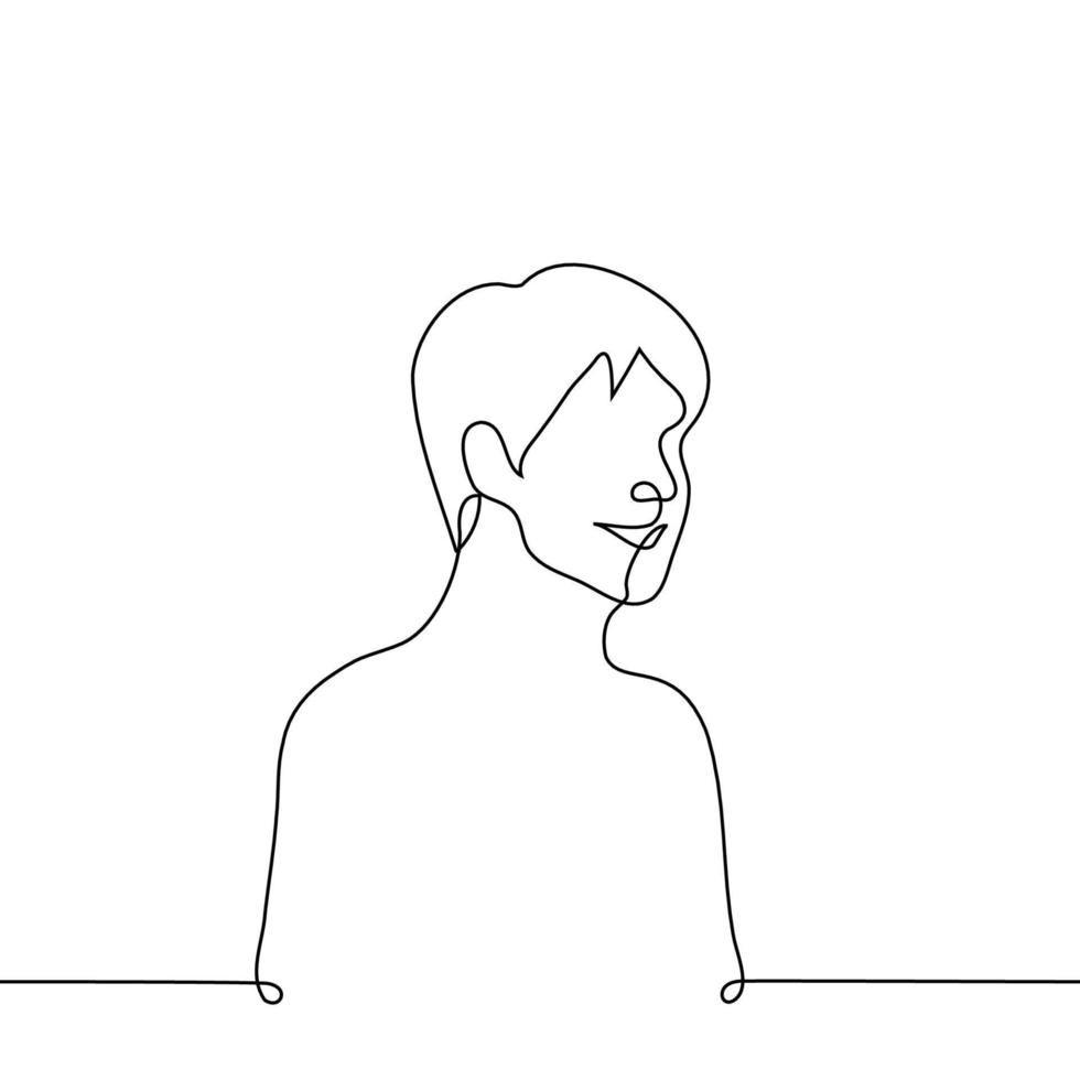hombre en tres cuartos retrato sonriente - uno línea dibujo vector. concepto masculino retrato con un sonrisa vector