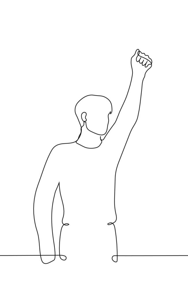 man standing with fist raised up - one line drawing vector. concept gesture of triumph, victory, fist up vector