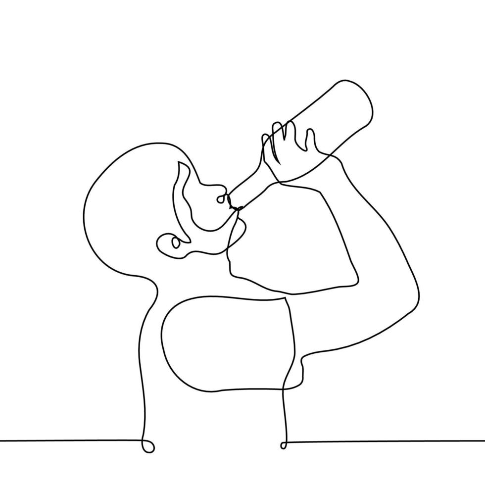 hombre soportes en perfil y bebidas desde un vaso botella - uno línea dibujo. concepto aplacar sed, bebida desde un botella vector