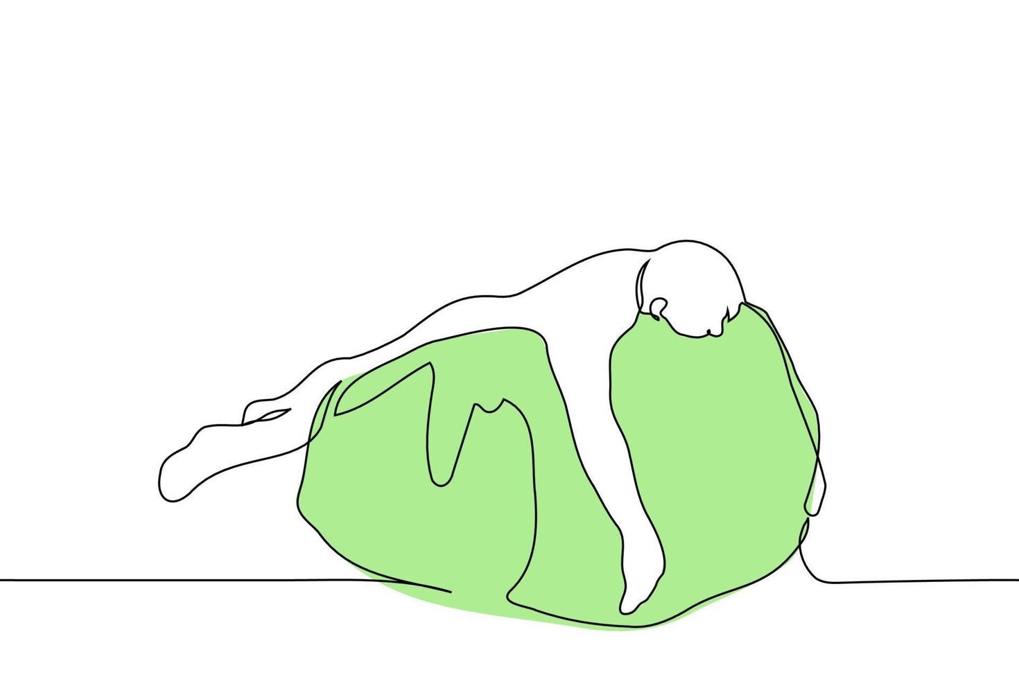 man lies belly down on an armchair pillow - one line drawing vector. concept fatigue, wallow, procrastination vector