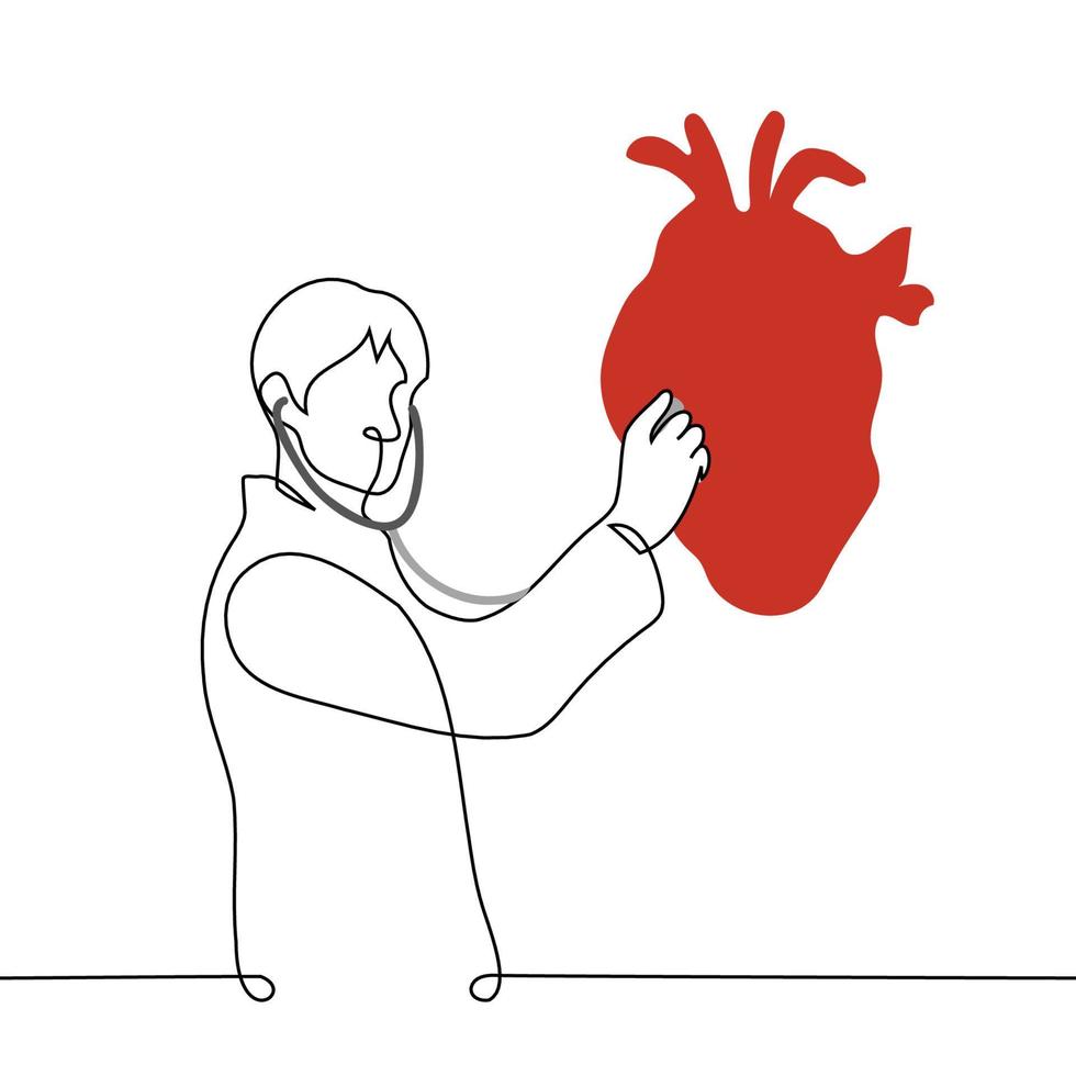 hombre en del doctor Saco escucha con un estetoscopio a un enorme rojo humano corazón en plano estilo - uno línea dibujo vector. concepto médico cardiólogo vector