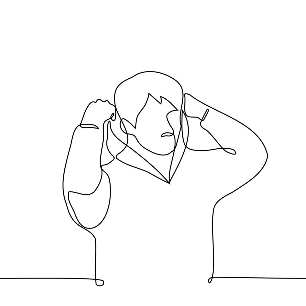 man puts on or takes off hood in hoodie - one line drawing vector. concept of hiding or revealing oneself vector