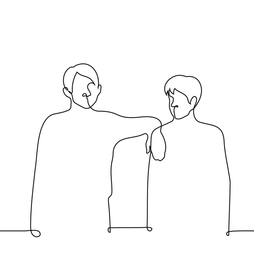 tall man put his hand on the shoulder of another shorter than that - one line drawing vector. concept high relies on low vector