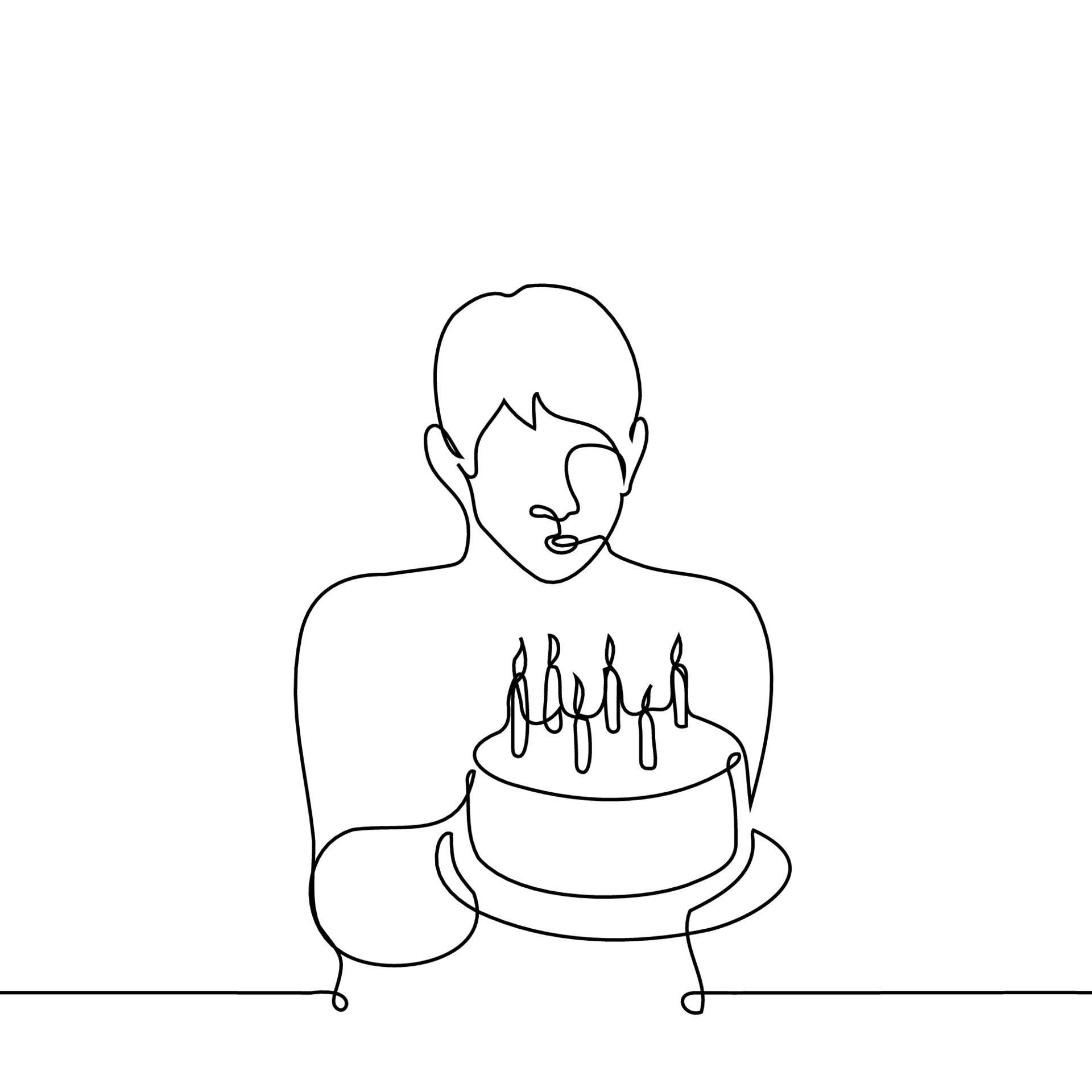 blows out the candles on a cake he holds himself one line drawing