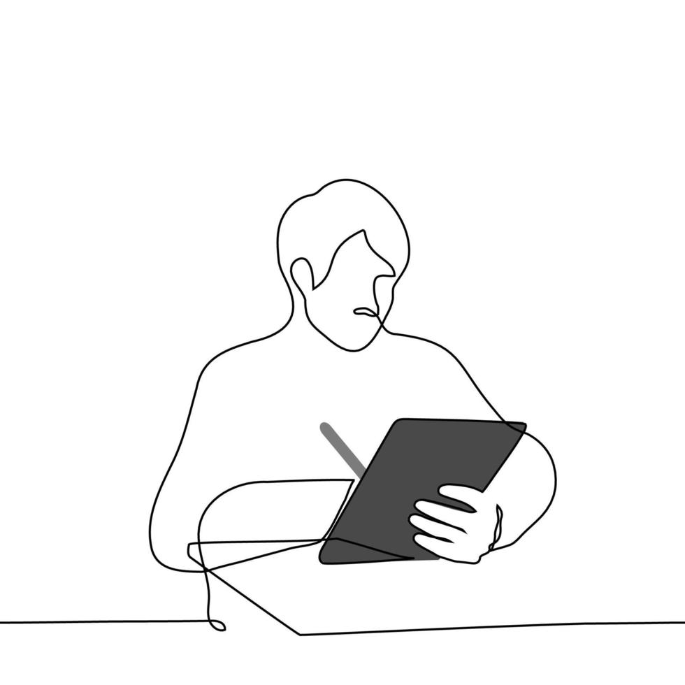 man sits at a table with a tablet with a stylus in his hand - one line drawing vector. tablet user concept vector