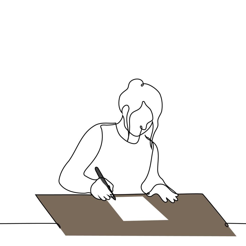 mujer se sienta a un mesa y escribe con un bolígrafo en un sábana de papel - uno línea dibujo vector. concepto mujer escribe por mano, señales un documento vector