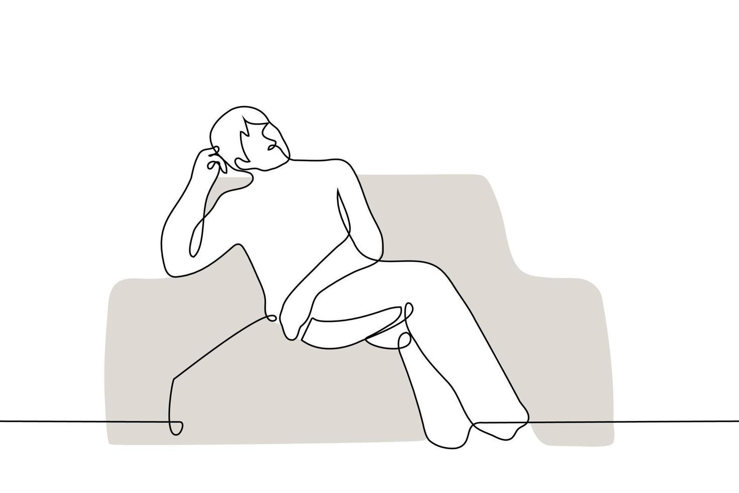 man lying on a sofa or armchair leaning his head with his hand - one line drawing vector. concept laziness, procrastination vector