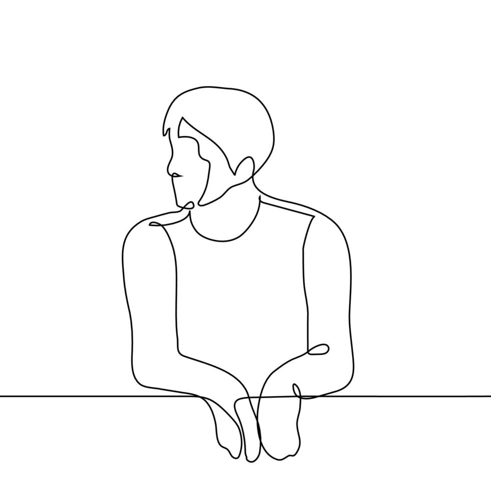 man looks into the distance leaning his elbows on the railing - one line drawing vector. concept reflection, observer vector