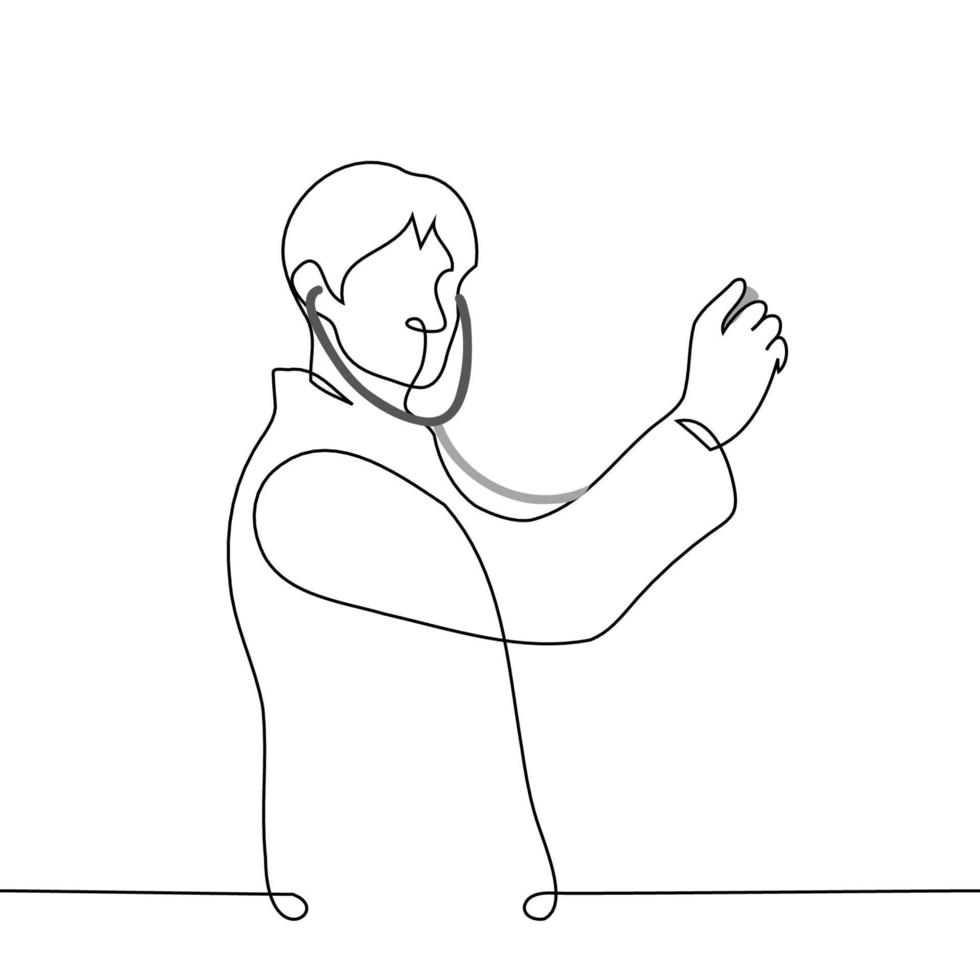 male doctor stands with a stethoscope and listens to the wall - one line drawing vector. concept doctor listens with a stethoscope vector