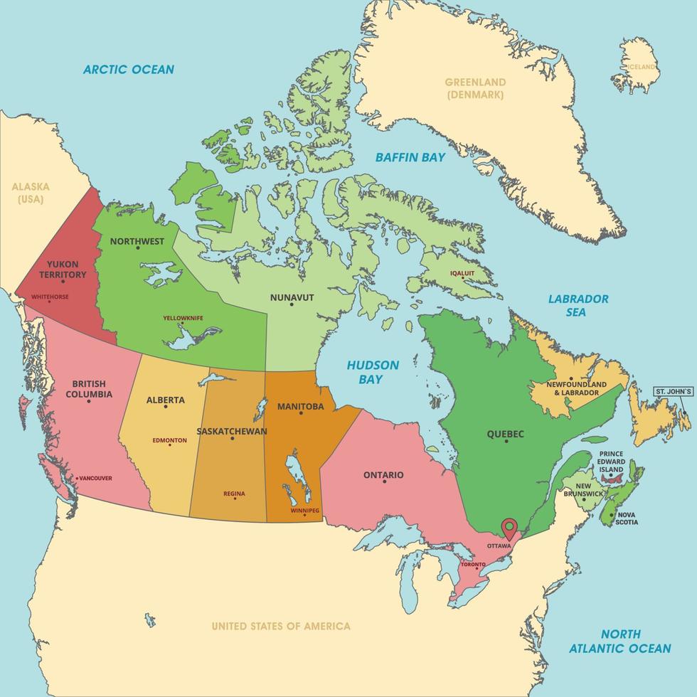Detailed Country Map of Canada and Surrounding Borders vector