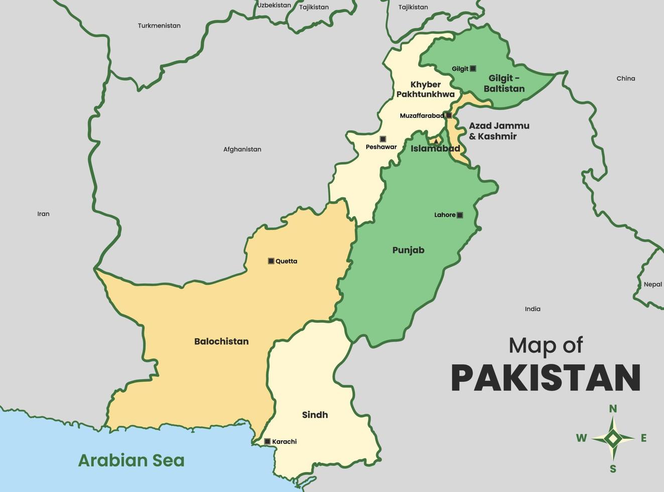 Detailed Pakistan Map with Surrounding Borders vector