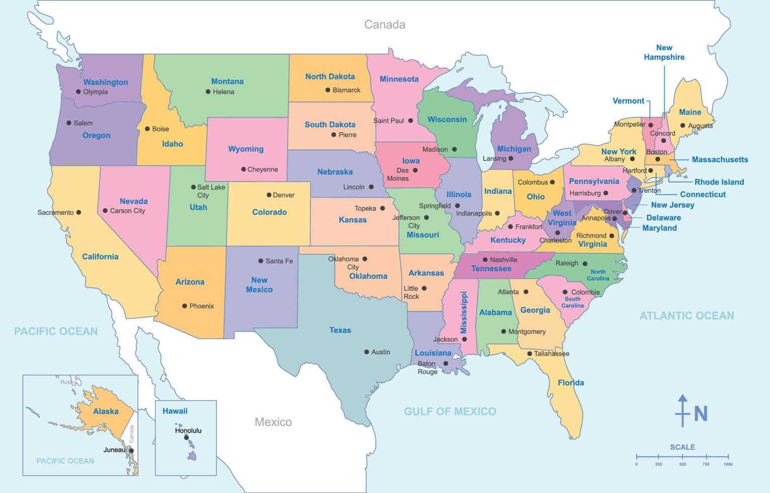 Detailed Map Of USA With Surrounding Border vector