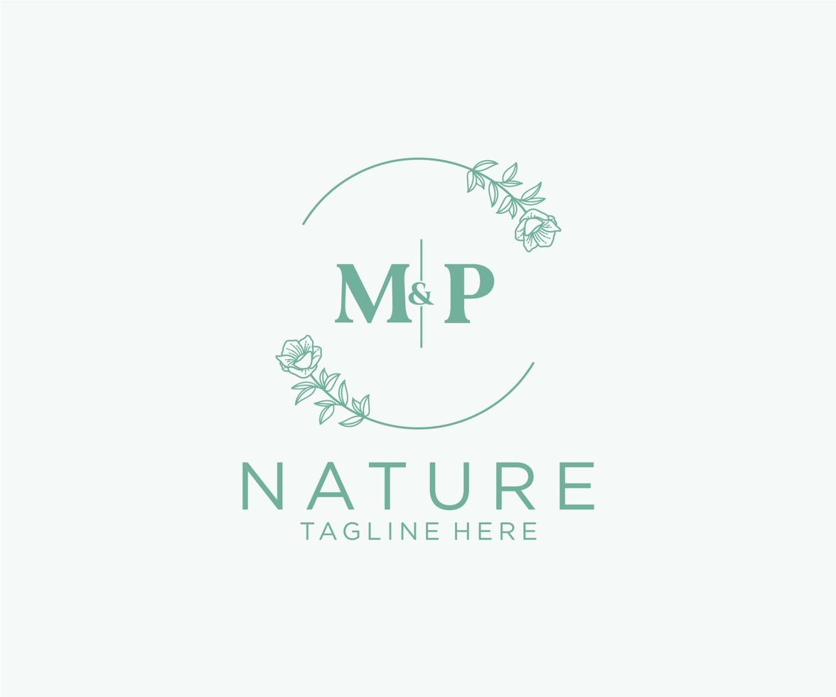 initial MP letters Botanical feminine logo template floral, editable premade monoline logo suitable, Luxury feminine wedding branding, corporate. vector