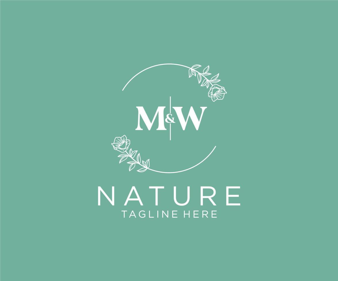 inicial mw letras botánico femenino logo modelo floral, editable prefabricado monoline logo adecuado, lujo femenino Boda marca, corporativo. vector