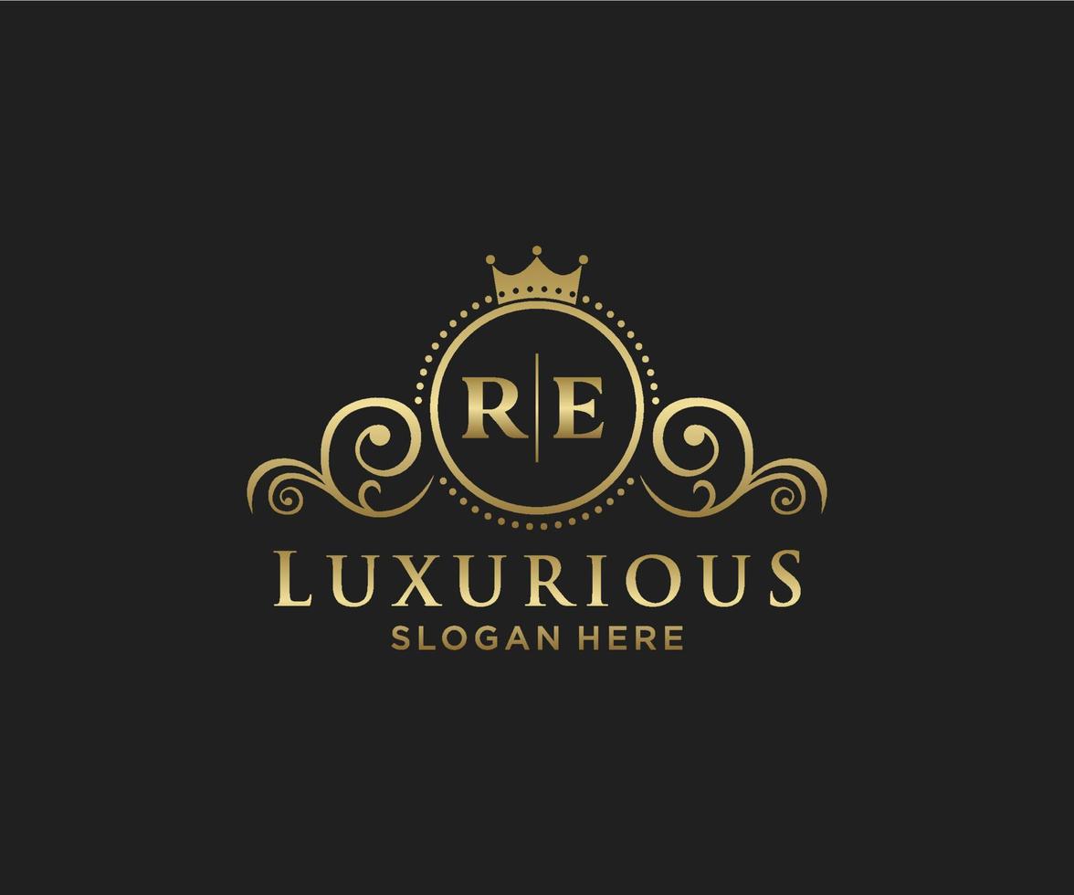 Initial RE Letter Royal Luxury Logo template in vector art for Restaurant, Royalty, Boutique, Cafe, Hotel, Heraldic, Jewelry, Fashion and other vector illustration.