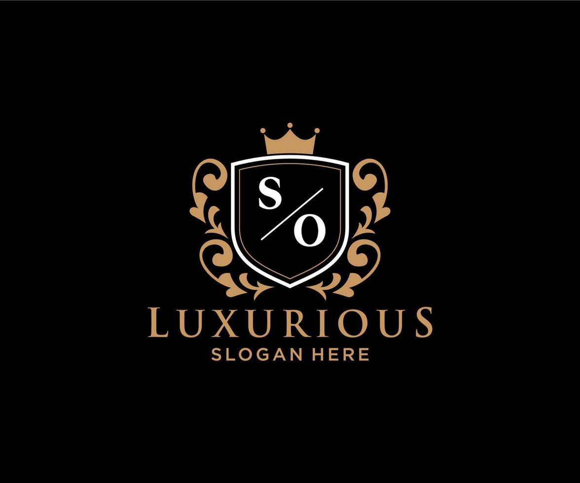 Initial SO Letter Royal Luxury Logo template in vector art for Restaurant, Royalty, Boutique, Cafe, Hotel, Heraldic, Jewelry, Fashion and other vector illustration.