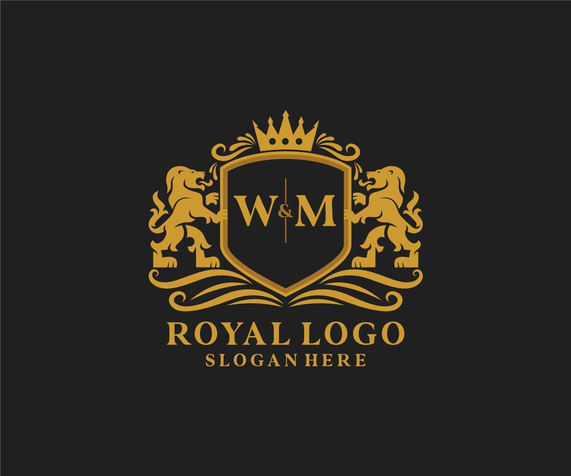 Initial WM Letter Lion Royal Luxury Logo template in vector art for Restaurant, Royalty, Boutique, Cafe, Hotel, Heraldic, Jewelry, Fashion and other vector illustration.
