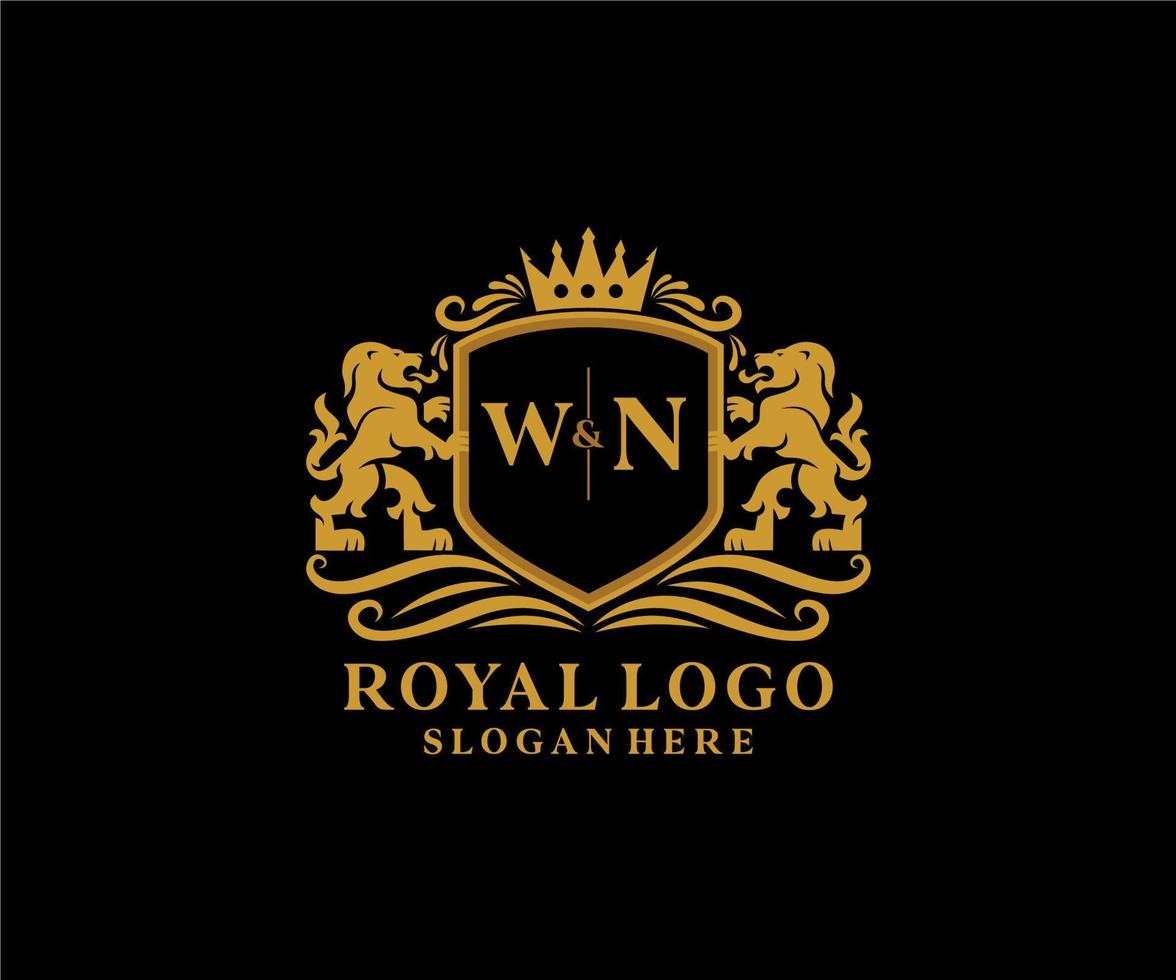 Initial WN Letter Lion Royal Luxury Logo template in vector art for Restaurant, Royalty, Boutique, Cafe, Hotel, Heraldic, Jewelry, Fashion and other vector illustration.