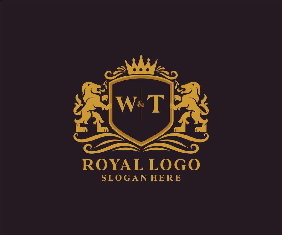 plantilla de logotipo de lujo real de león de letra wt inicial en arte vectorial para restaurante, realeza, boutique, cafetería, hotel, heráldica, joyería, moda y otras ilustraciones vectoriales. vector
