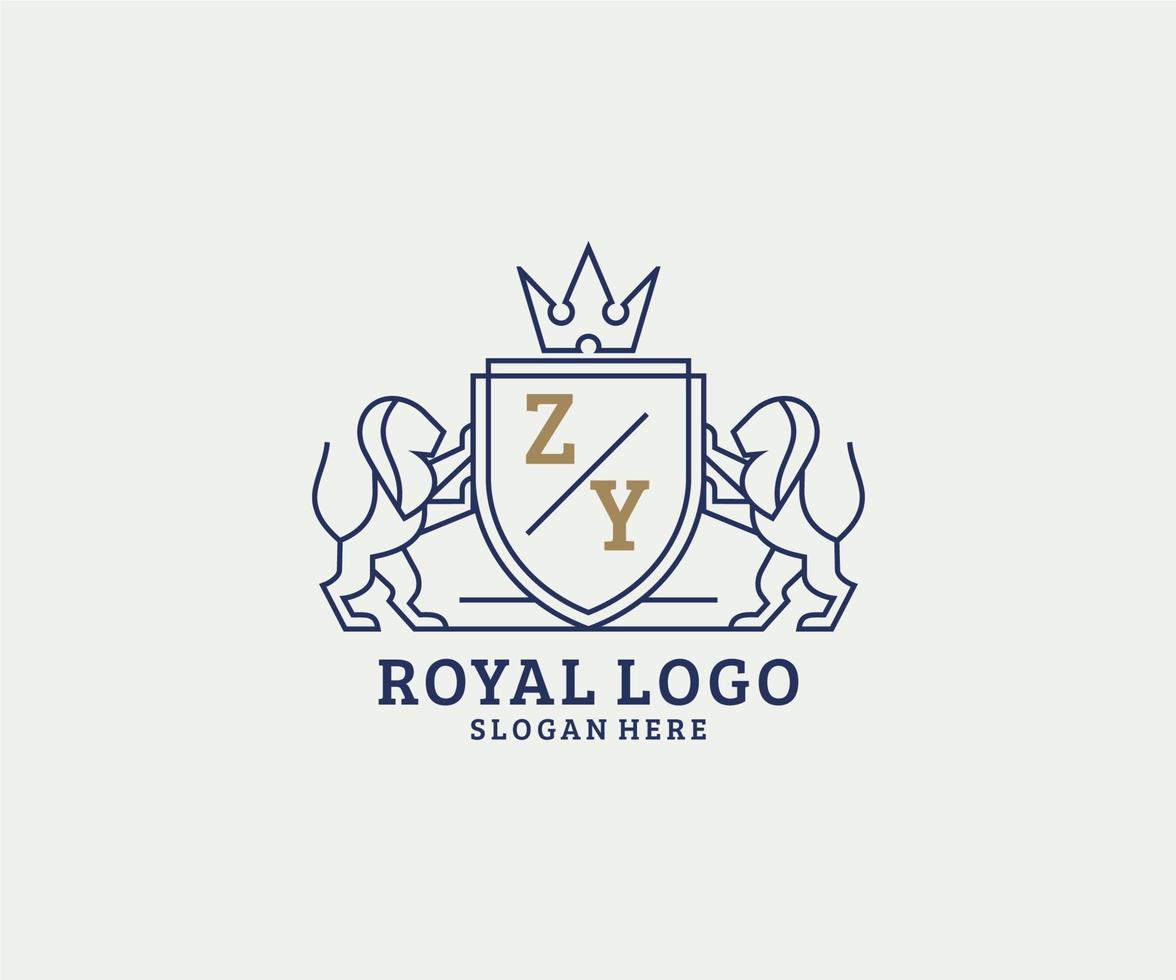 Initial ZY Letter Lion Royal Luxury Logo template in vector art for Restaurant, Royalty, Boutique, Cafe, Hotel, Heraldic, Jewelry, Fashion and other vector illustration.