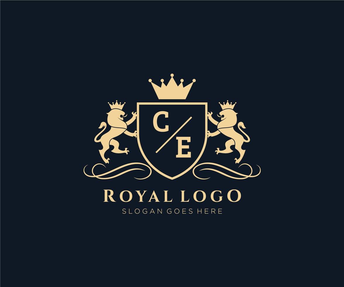 Initial CE Letter Lion Royal Luxury Heraldic,Crest Logo template in vector art for Restaurant, Royalty, Boutique, Cafe, Hotel, Heraldic, Jewelry, Fashion and other vector illustration.