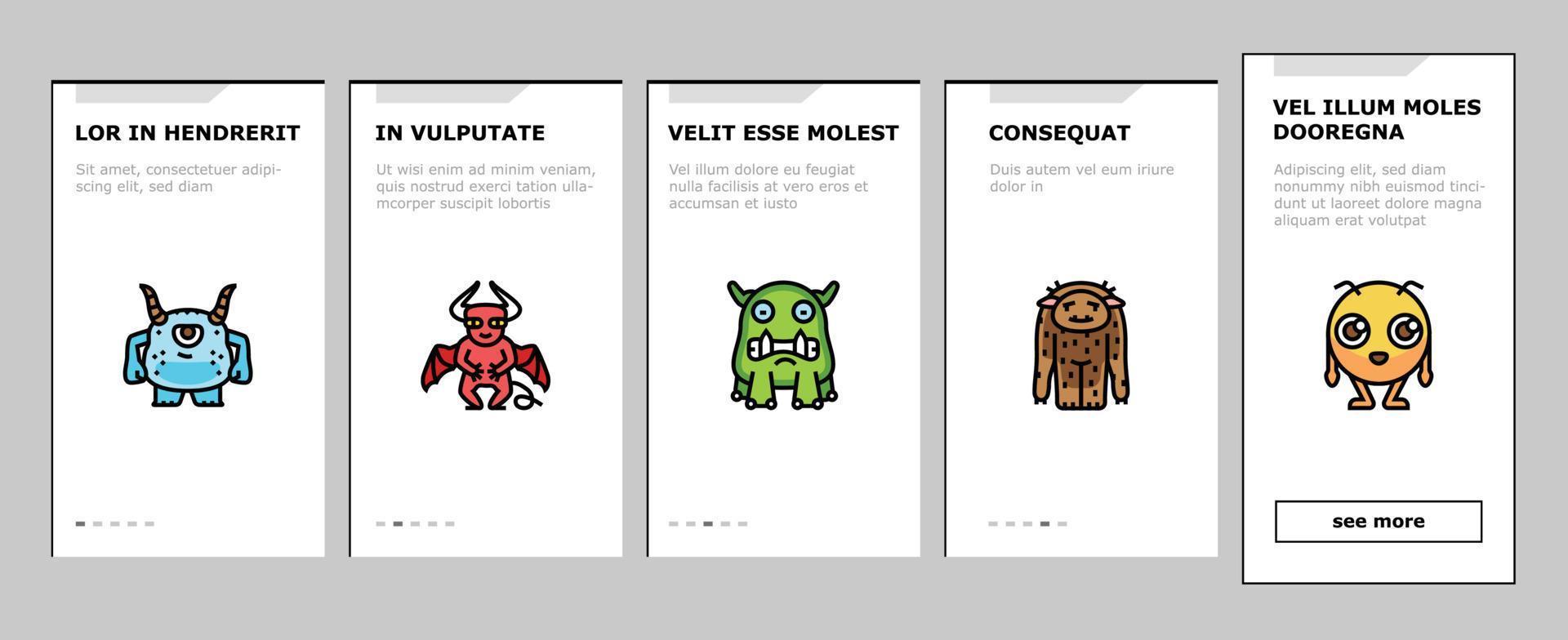 monster funny cute alien onboarding icons set vector