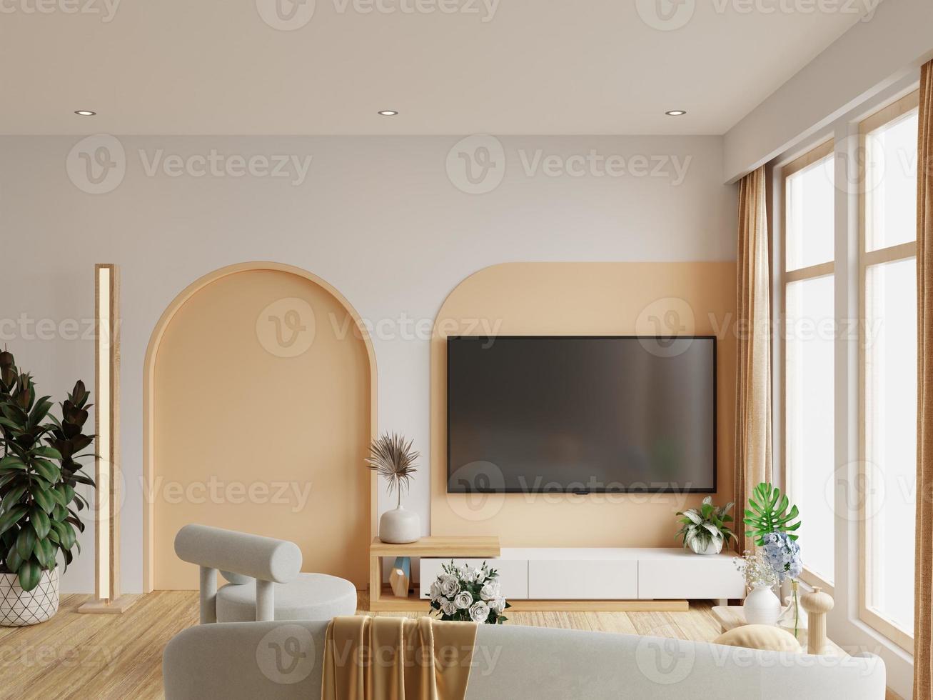 Living room with tv on in two tone color wall,minimalist muji