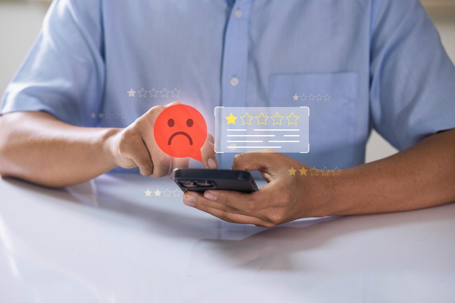 Customer services bad excellent rating experience online. User giving 1-star and sad face for satisfaction survey evaluation product service quality, satisfaction feedback review, bad quality photo