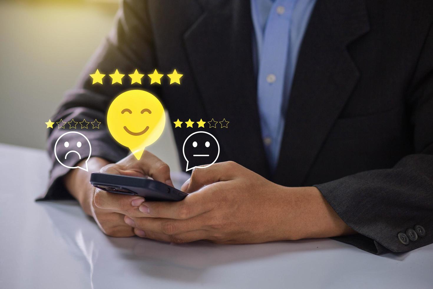 Customer services best excellent business rating experience online. User giving 5-star for satisfaction survey evaluation product service quality, satisfaction feedback review, good quality. photo