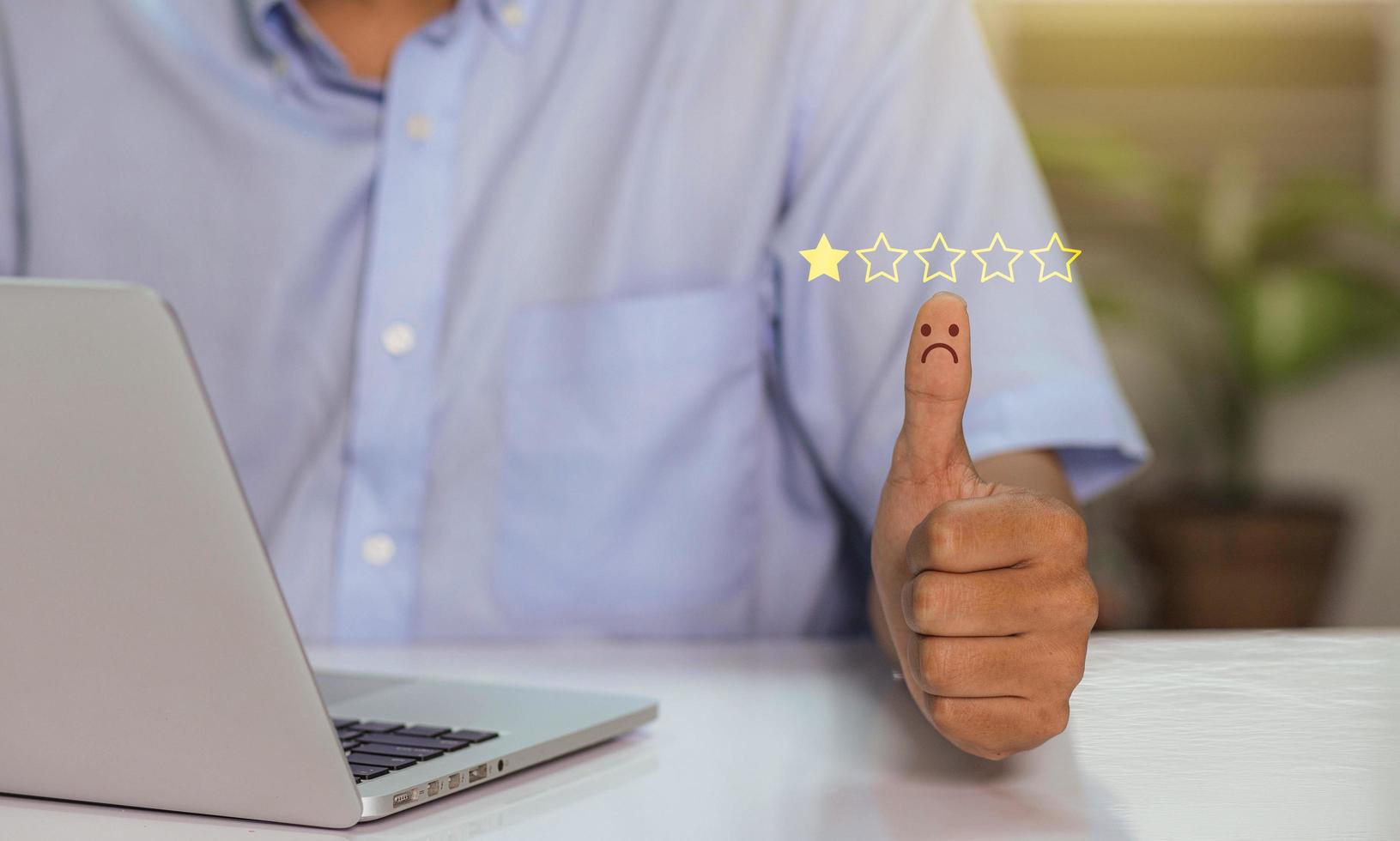 Customer services bad excellent rating experience online. User giving 1-star and sad face for satisfaction survey evaluation product service quality, satisfaction feedback review, bad quality photo