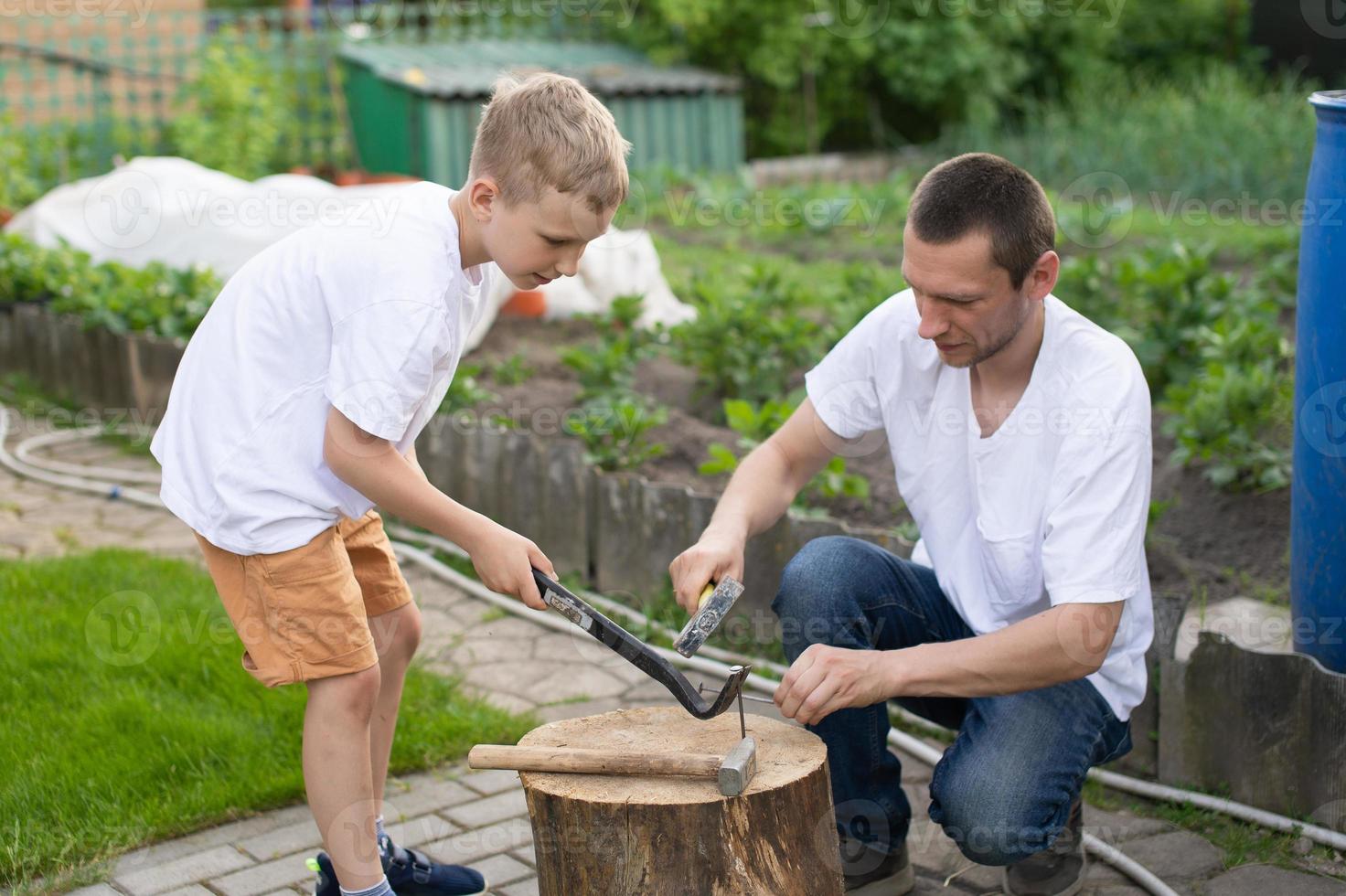 Dad teaches his son to hammer nails into a tree photo