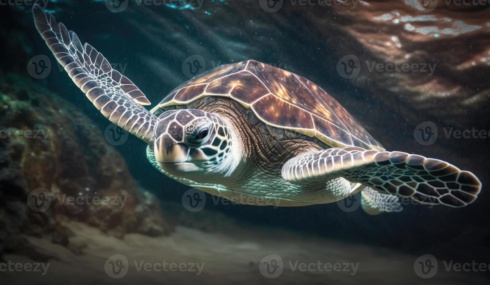 Sea turtle swims under water photo