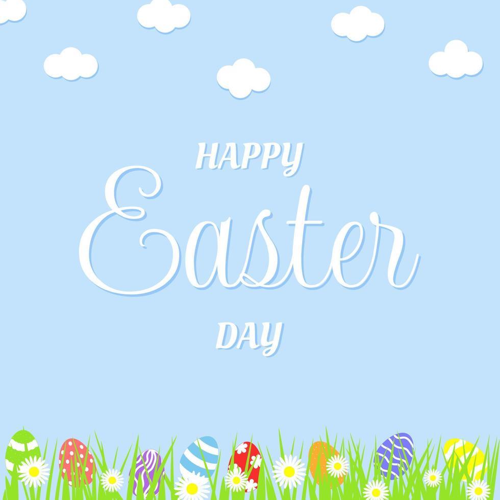 Vector illustration. Happy Easter design for greeting cards, posters, holiday covers. Blue background, clouds, grass, daisies, Easter eggs