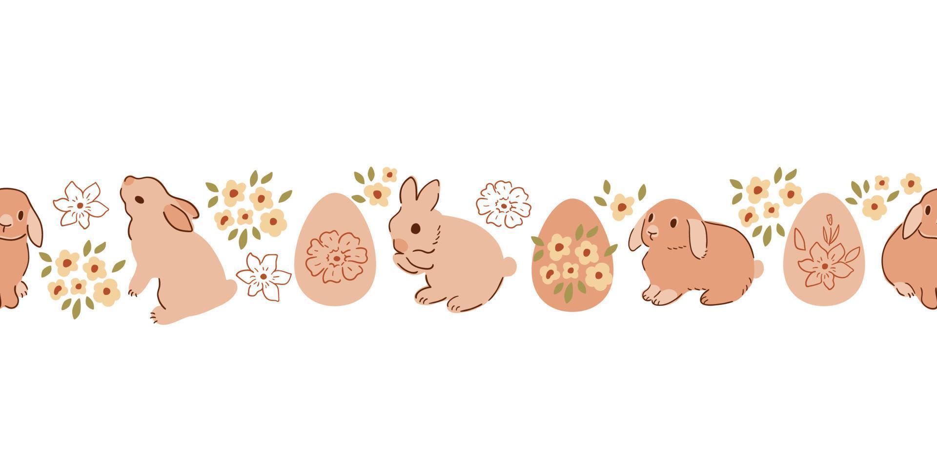 Floral rabbit bunny easter seamless border, cute hand drawn baby rabbits, easter eggs in pastel beige color repeat banner. Sweet spring holiday decorative frame vector design. Hare illustration.