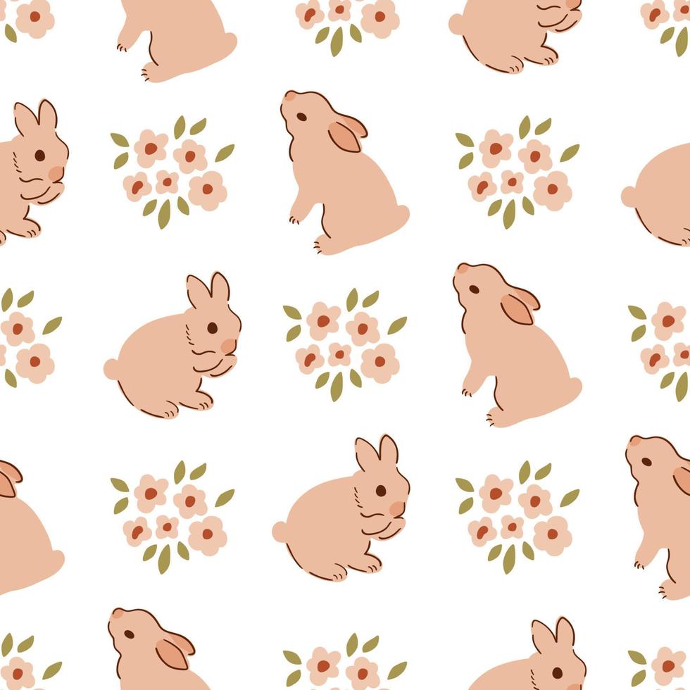 bebé floral Conejo conejito modelo en beige color. pastel Conejo animal sin costura imprimir, repetir fondo, linda primavera Pascua de Resurrección liebre superficie diseño. dulce mano dibujado conejitos ingenuo niño vector ilustración