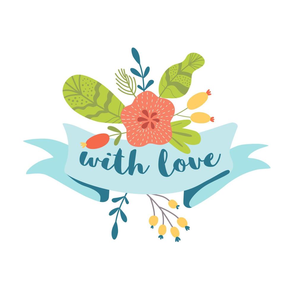 Ribbon flowers Text With love Cute hand drawn congratulation card element. Romantic Valentines day graphic design template Wedding bouquet decorative element. Love quote isolated. Vector illustration.
