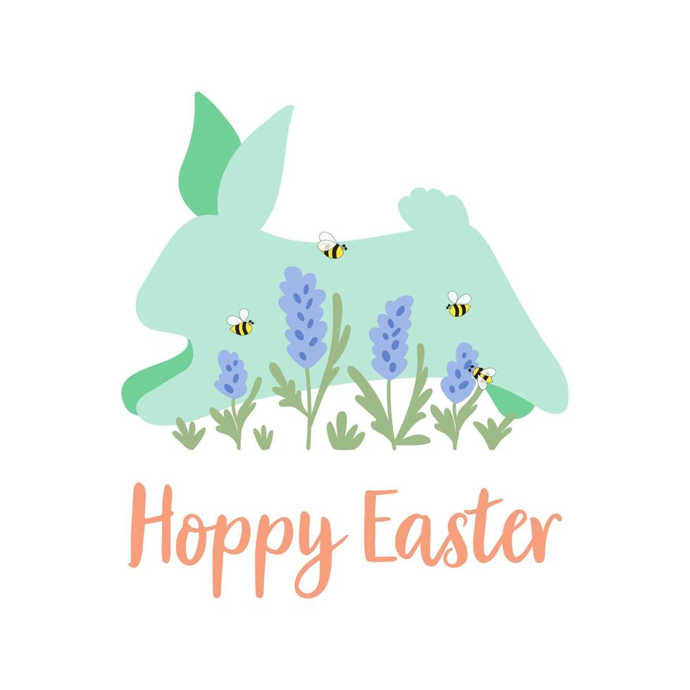 Hoppy Easter floral Bunny card. Floral rabbit. Spring rabbit Happy Easter rabbit vector illustration isolated graphic elements. Hand drawn flowers, cute bunny. Happy Easter decorative element.