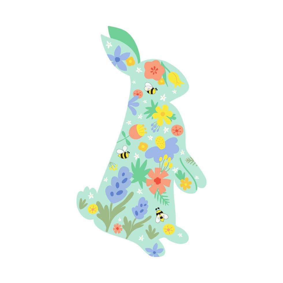 Floral Easter Bunny. Floral rabbit. Spring rabbit Happy Easter rabbit vector illustration isolated graphic elements. Hand drawn flowers, cute bunny. Happy Easter decorative element. Spring colors.