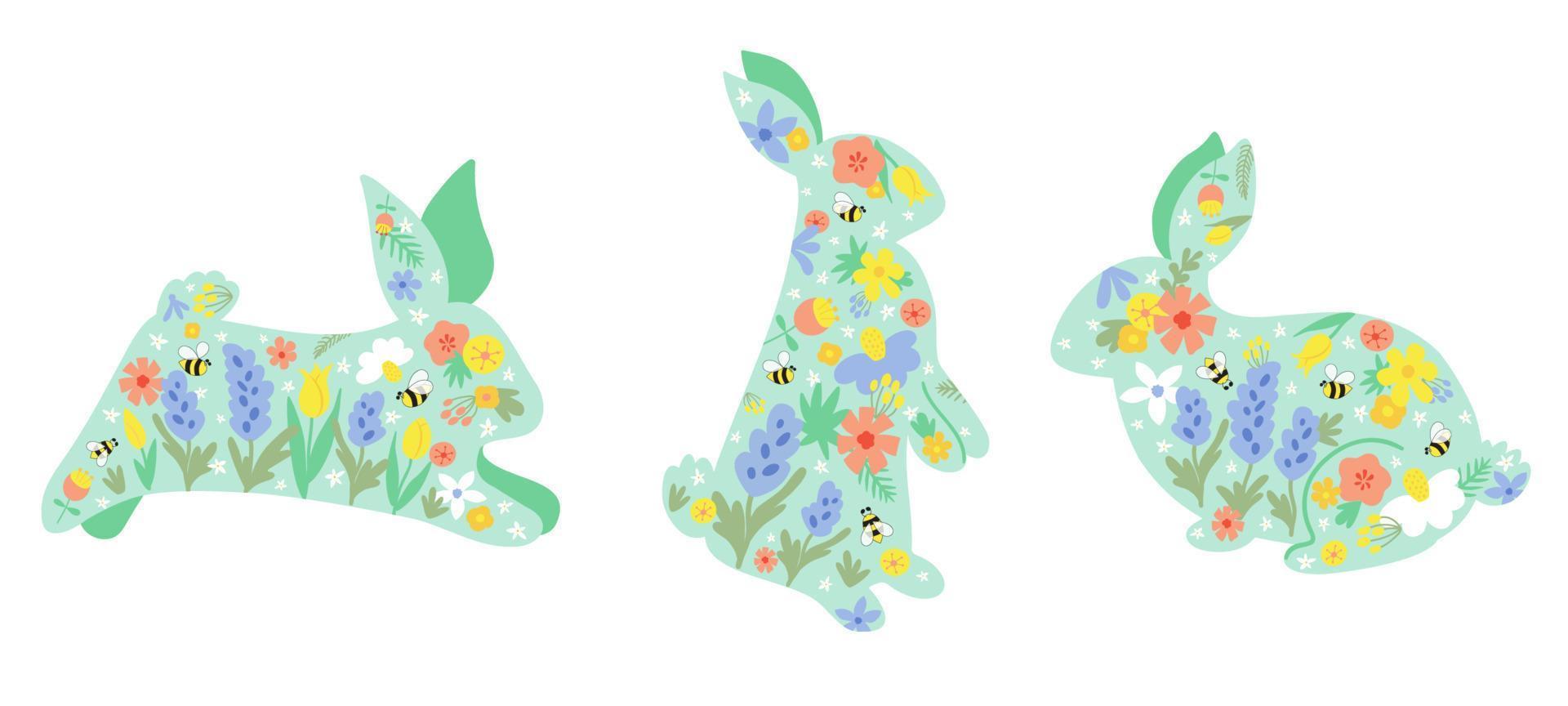 Floral Easter Bunny set. Floral rabbit collection. Spring rabbit Happy Easter rabbit vector illustration isolated graphic elements. Hand drawn flowers, cute bunny. Happy Easter decorative clipart.