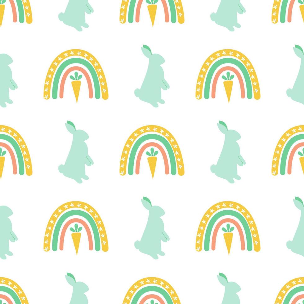Easter rainbow rabbit bunny shape pattern. Spring floral easter seamless background. Spring happy easter wallpaper, package design. Cartoon vector illustration. Cute carrot and rainbows in green color