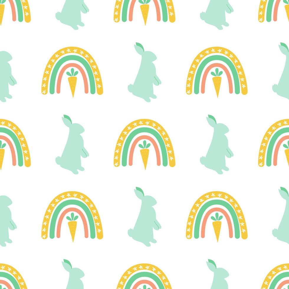 Easter rainbow rabbit bunny shape pattern. Spring floral easter seamless background. Spring happy easter wallpaper, package design. Cartoon vector illustration. Cute carrot and rainbows in green color