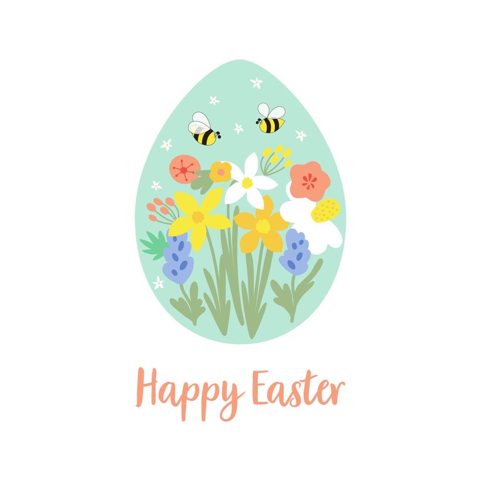 Floral Easter egg decorative element isolated on white. Happy Easter card. Spring holiday folk vector illustration. Easter egg with floral ornament. Spring garden meadow flowers bee graphic design.