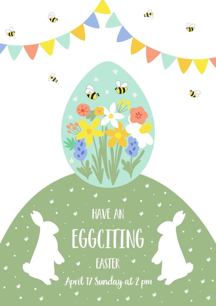 Floral easter poster, floral egg rabbit bunny. Happy Easter invitation. Floral easter banner. Cute spring vector illustration with hare cartoon style. Hand drawn rabbit, egg, easter background.