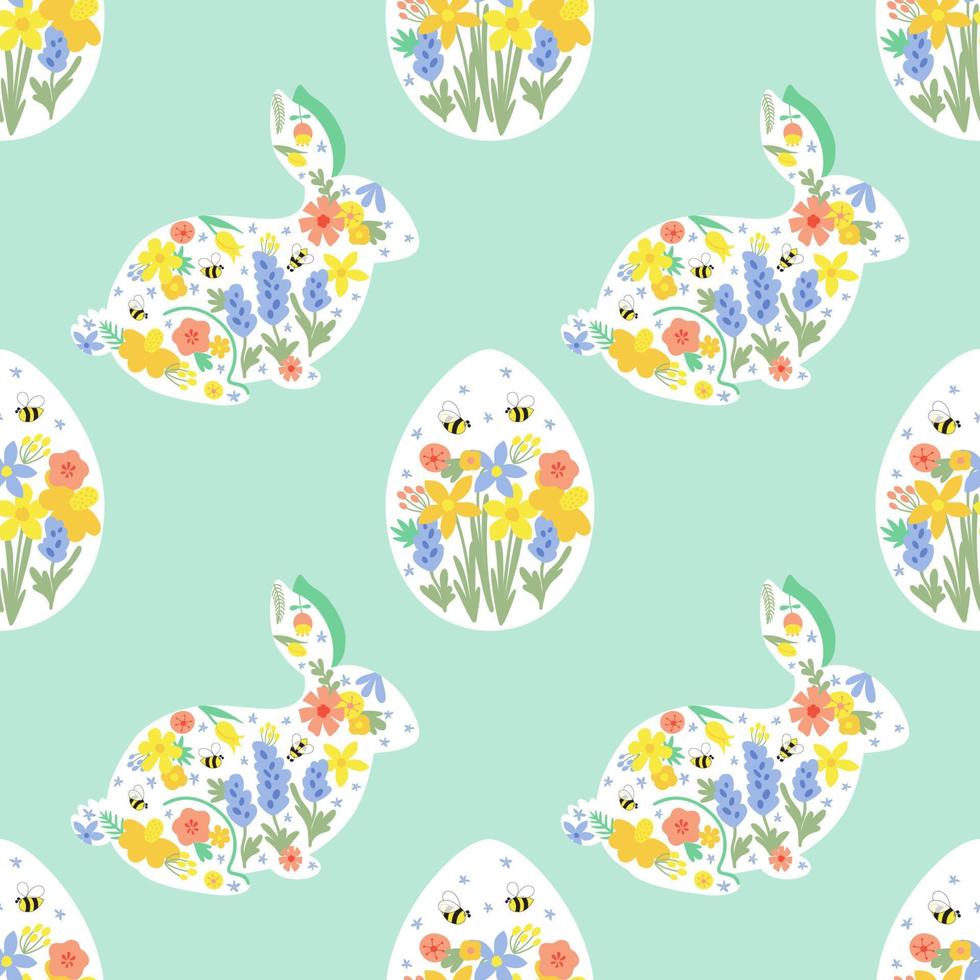 Floral easter rabbit eggs spring pattern. Floral easter bunny pattern. Eggs hunt spring garden textile design. Bunny and eggs floral background in mint color. Spring easter vector illustration.